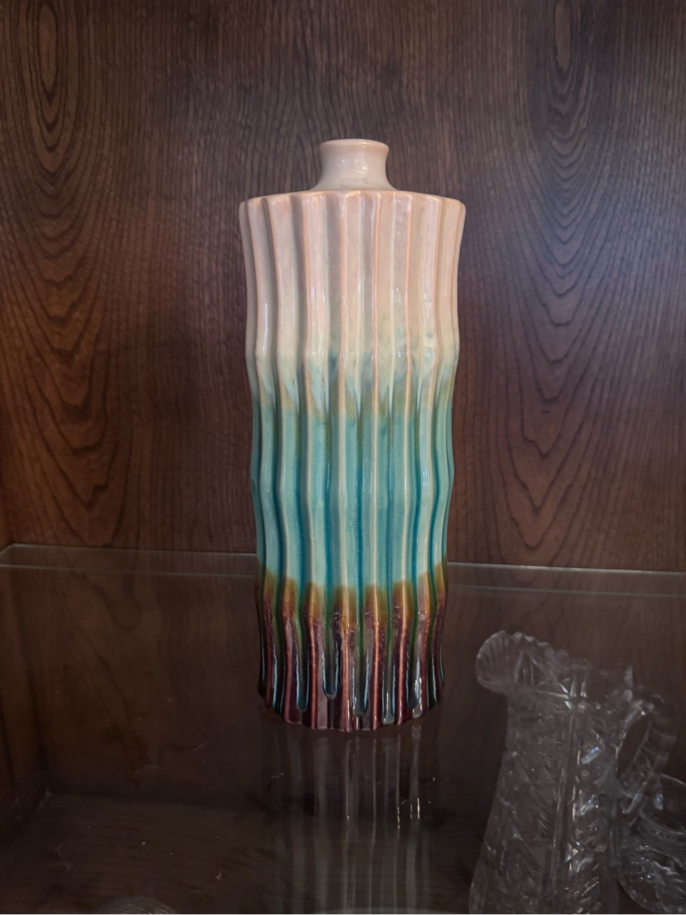 Ceramic Gradient Ribbed Vase in Cream, Teal & Brown